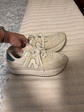 New Balance Cream and Teal Platform Sneakers